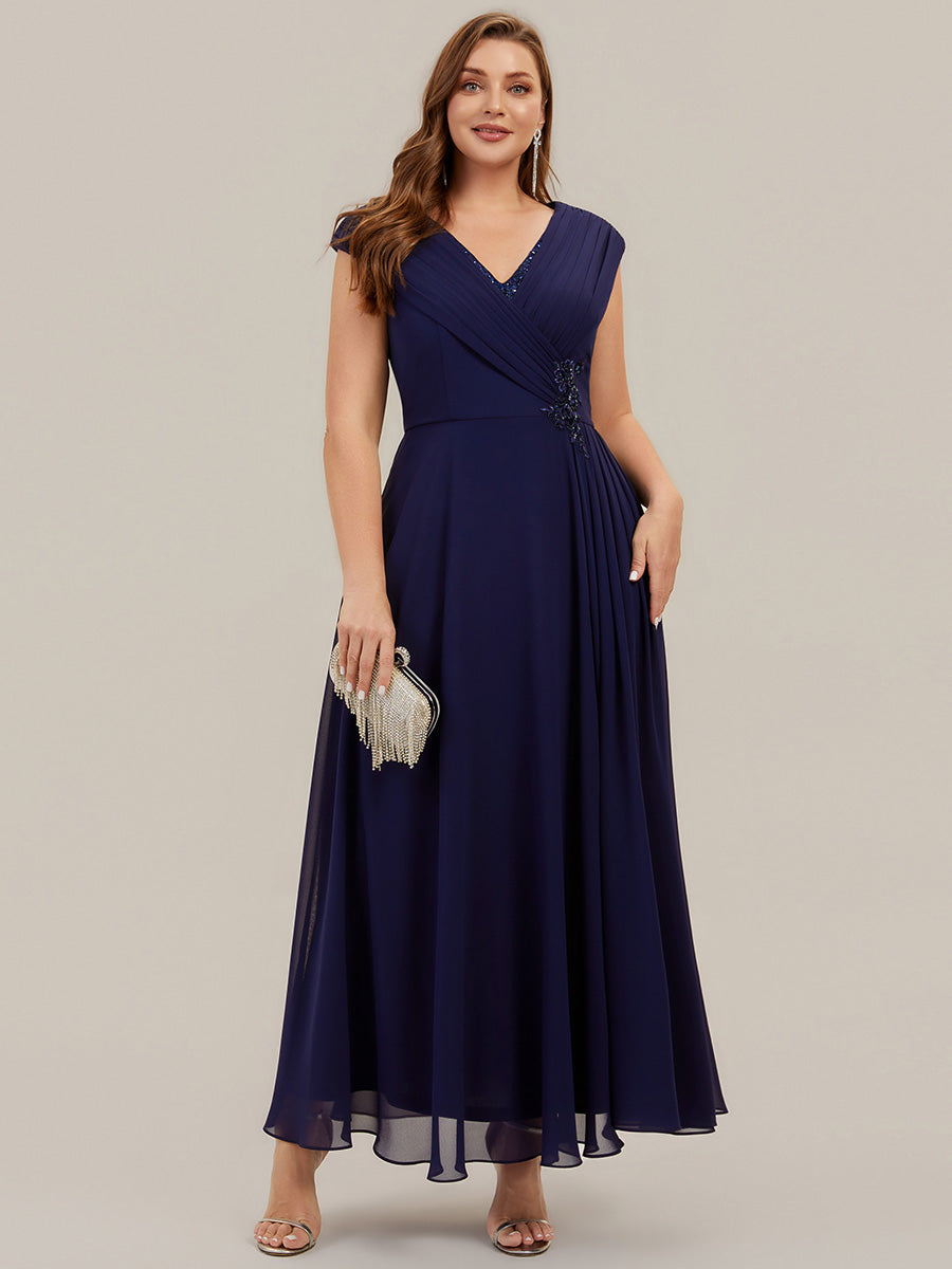 Flowing Ribbons Chiffon Cap Sleeve Mother of the Bride Dress #color_Navy Blue