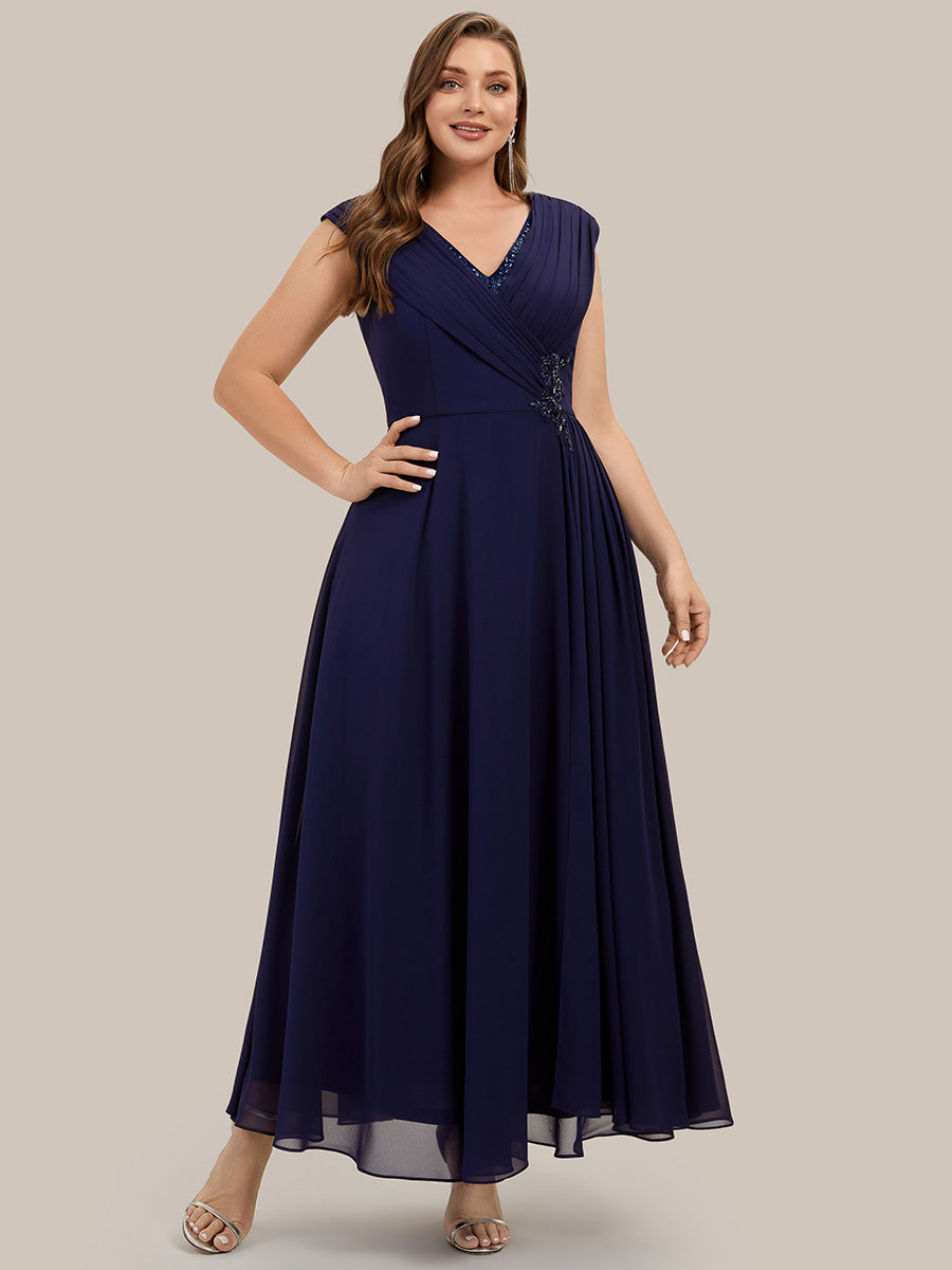 Plus Size Flowing Ribbons Cap Sleeve Mother of the Bride Dress #color_Navy Blue