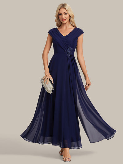 Flowing Ribbons Chiffon Cap Sleeve Mother of the Bride Dress
