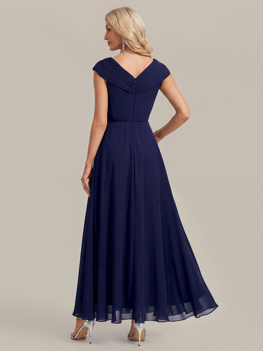Flowing Ribbons Chiffon Cap Sleeve Mother of the Bride Dress #color_Navy Blue