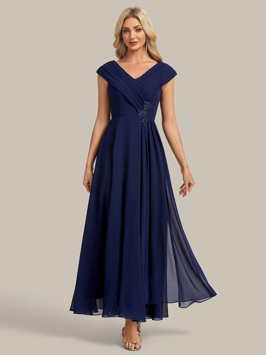 Flowing Ribbons Chiffon Cap Sleeve Mother of the Bride Dress #color_Navy Blue