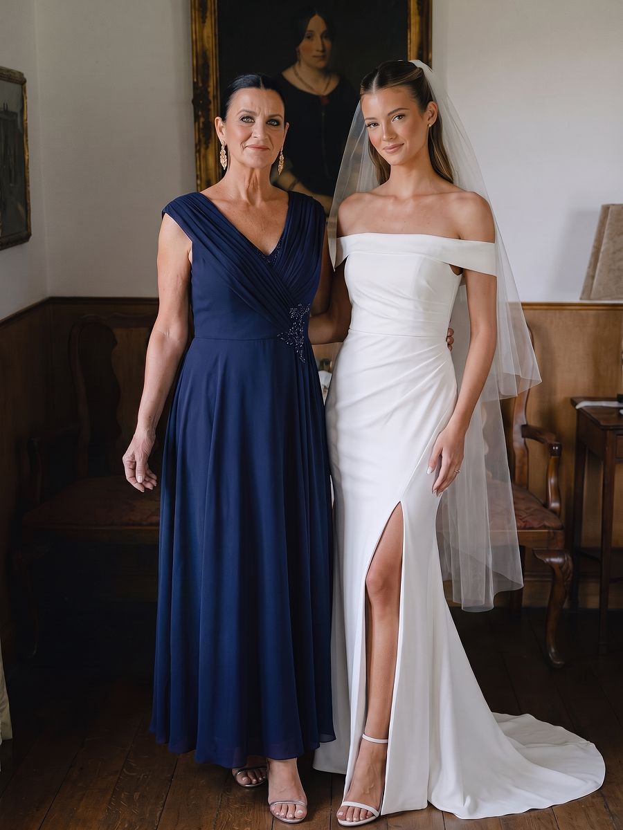 Flowing Ribbons Chiffon Cap Sleeve Mother of the Bride Dress #color_Navy Blue