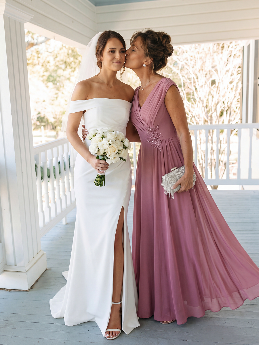 Flowing Ribbons Chiffon Cap Sleeve Mother of the Bride Dress #color_Purple Orchid