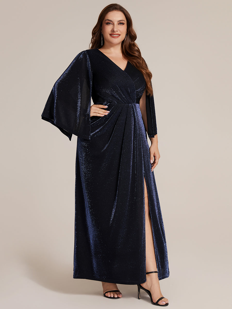 Plus Size Lurex Mesh Cape Sleeve Mother of the Bride Dress #color_Navy Blue