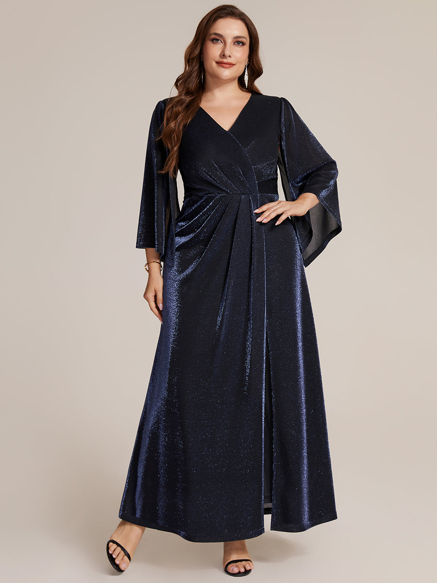 Plus Size Lurex Mesh Cape Sleeve Mother of the Bride Dress #color_Navy Blue