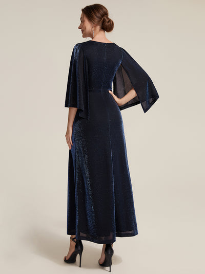 Lurex Mesh Cape Sleeve Sheath Mother of the Bride Dress #color_Navy Blue