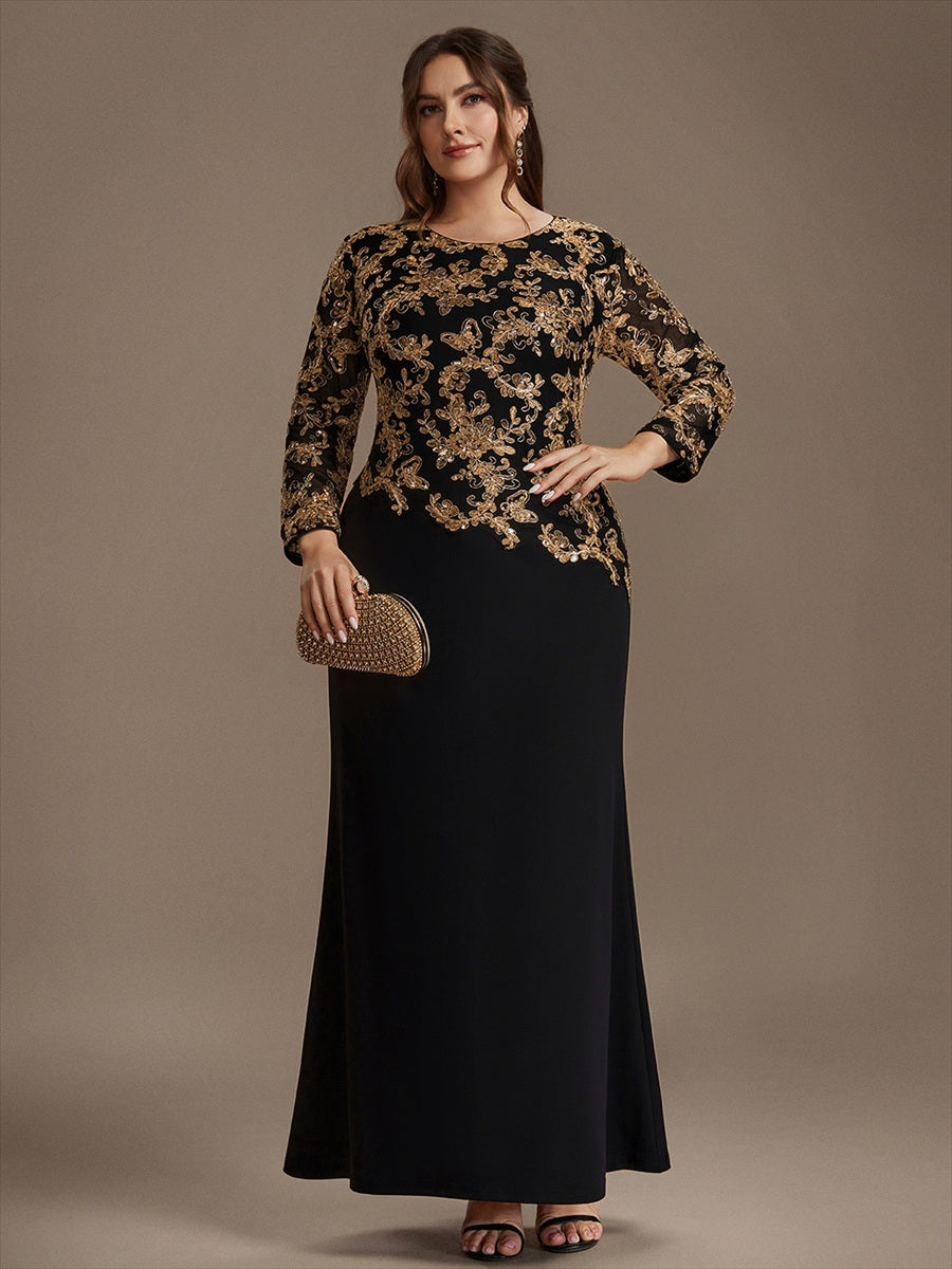 Sequin Fitted Sleeve Mother of the Bride Dress #color_Black & Gold