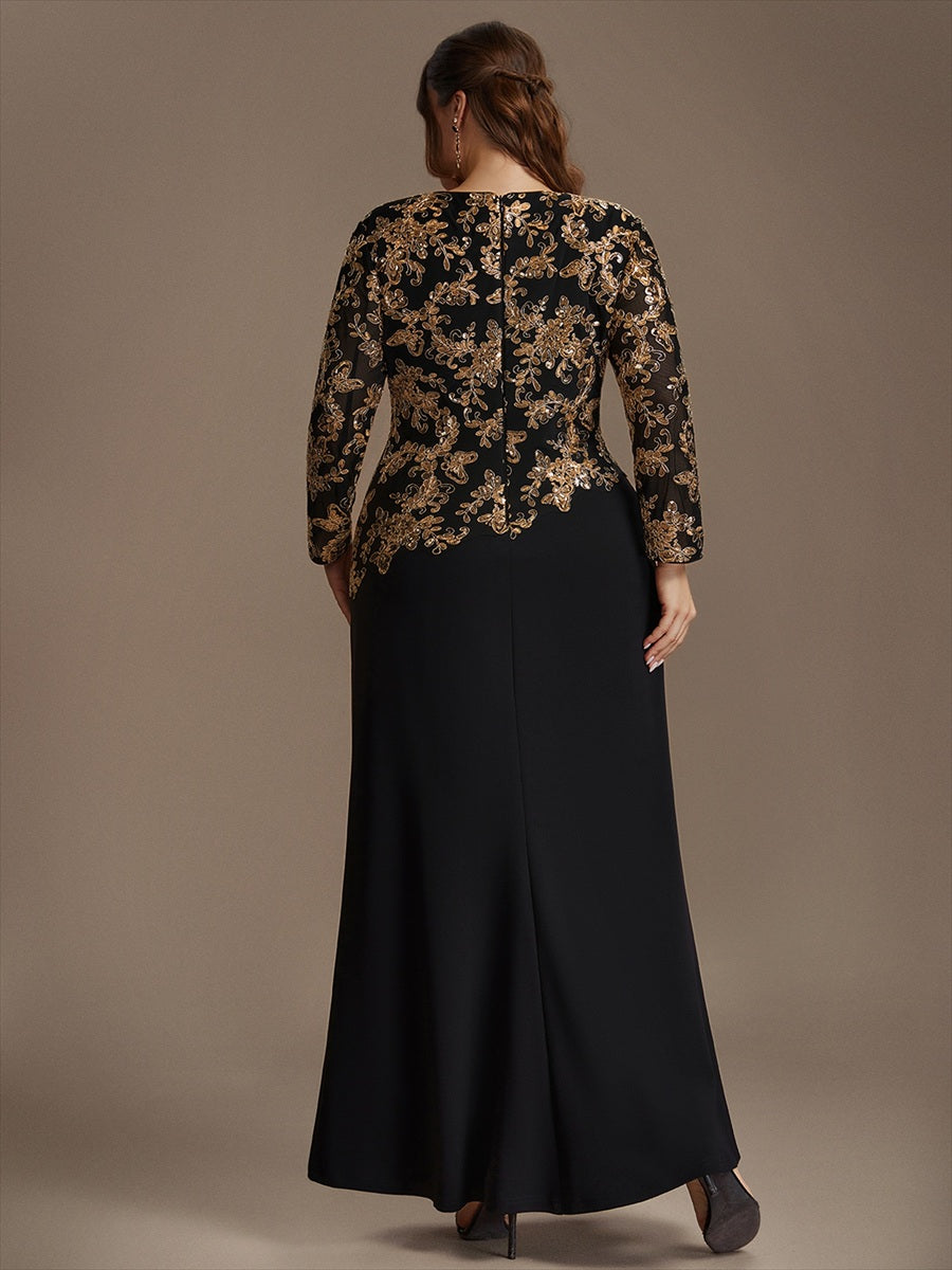 Plus Size Sequins Fitted Sleeve Mother of the Bride Dress #color_Black & Gold