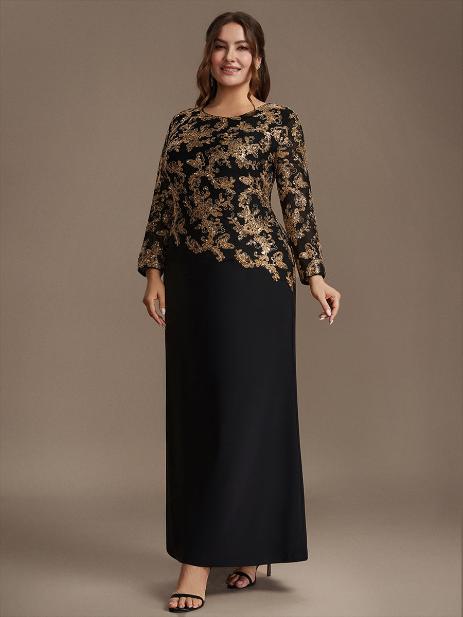 Sequin Fitted Sleeve Mother of the Bride Dress #color_Black & Gold