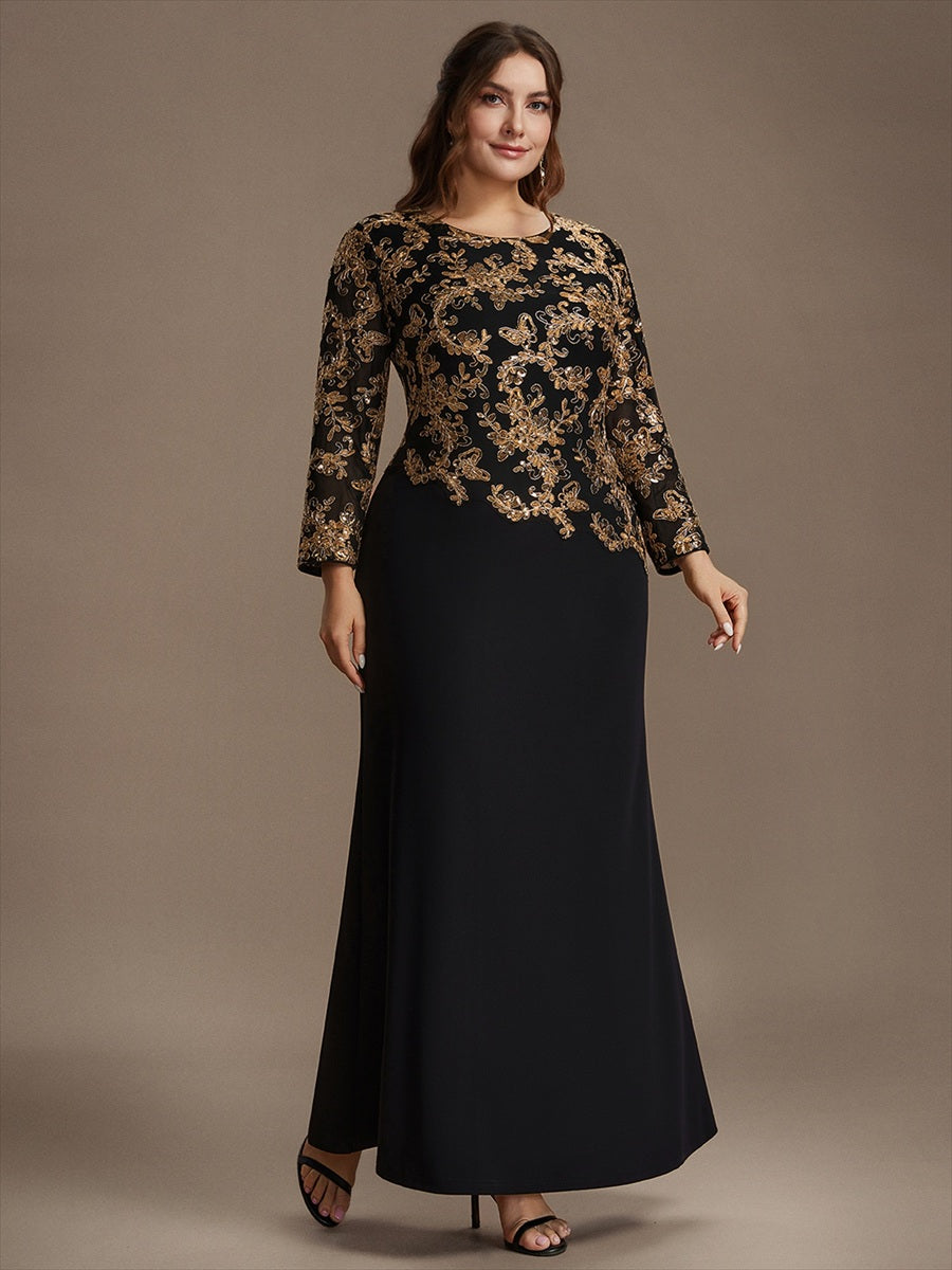Sequin Fitted Sleeve Mother of the Bride Dress #color_Black & Gold