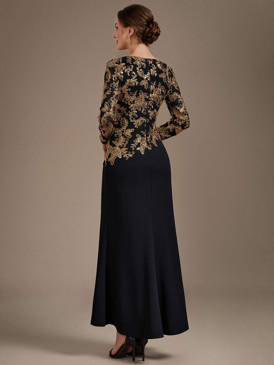 Sequin Fitted Sleeve Mother of the Bride Dress #color_Black & Gold