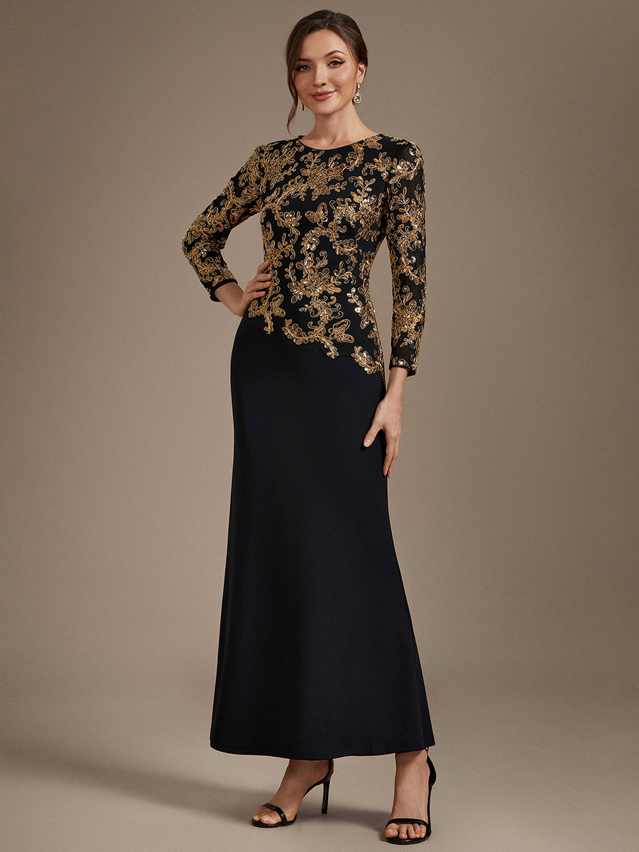 Sequin Fitted Sleeve Mother of the Bride Dress #color_Black & Gold
