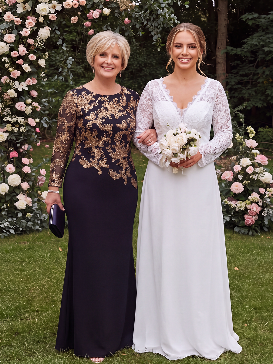 Plus Size Sequins Fitted Sleeve Mother of the Bride Dress #color_Black & Gold