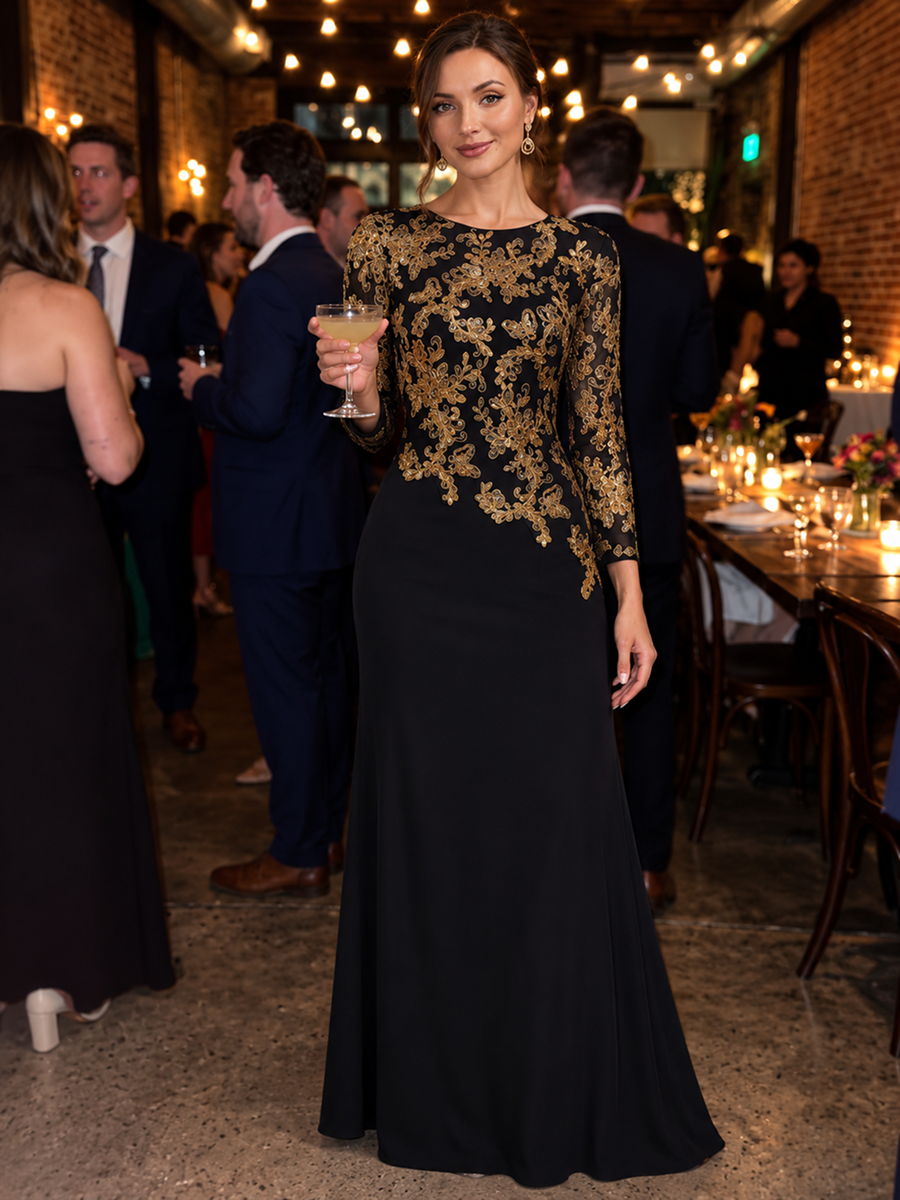 Sequin Fitted Sleeve Mother of the Bride Dress #color_Black & Gold