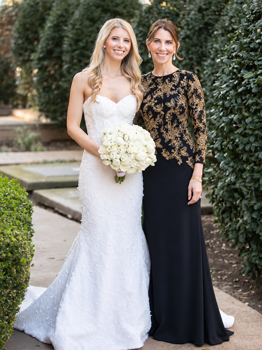 Sequin Fitted Sleeve Mother of the Bride Dress #color_Black & Gold