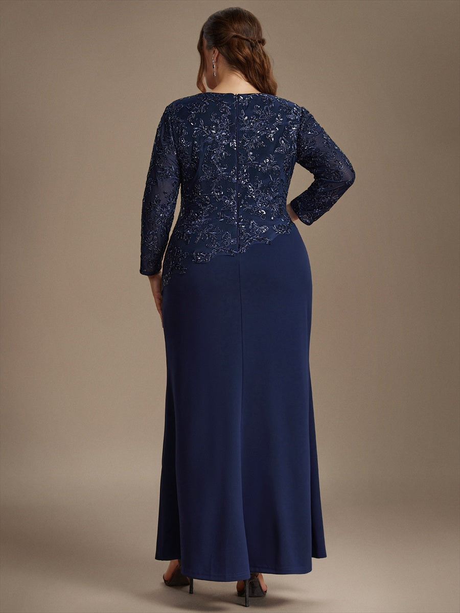 Plus Size Sequins Fitted Sleeve Mother of the Bride Dress #color_Navy Blue