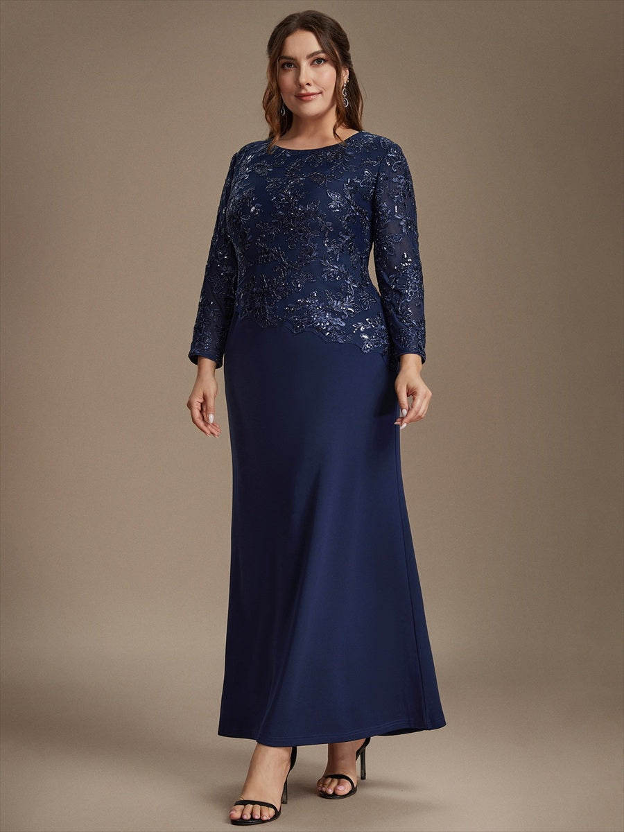 Sequin Fitted Sleeve Mother of the Bride Dress #color_Navy Blue