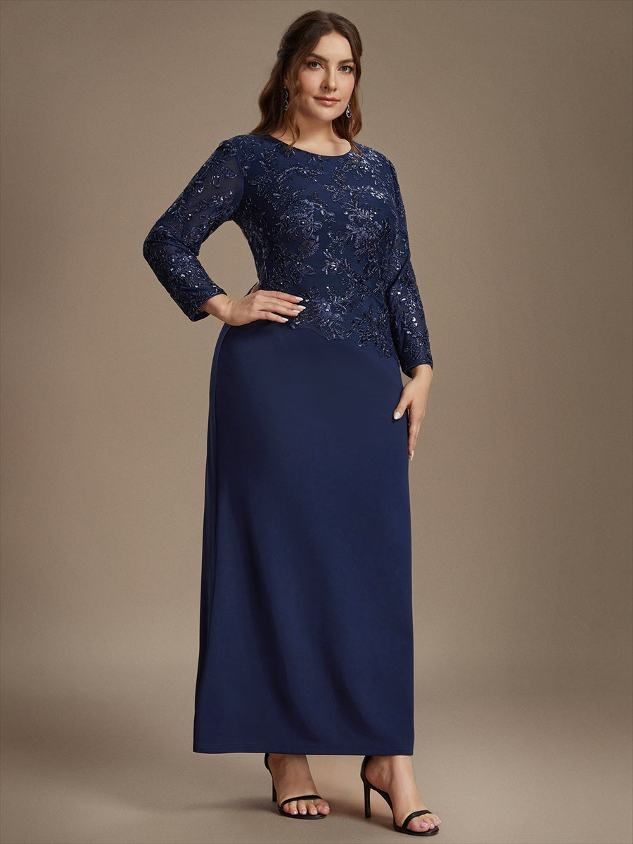 Sequin Fitted Sleeve Mother of the Bride Dress #color_Navy Blue