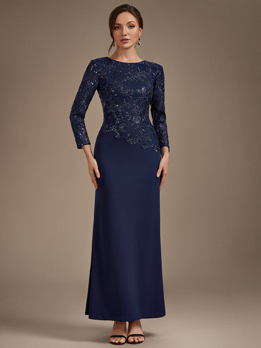Sequin Fitted Sleeve Mother of the Bride Dress #color_Navy Blue