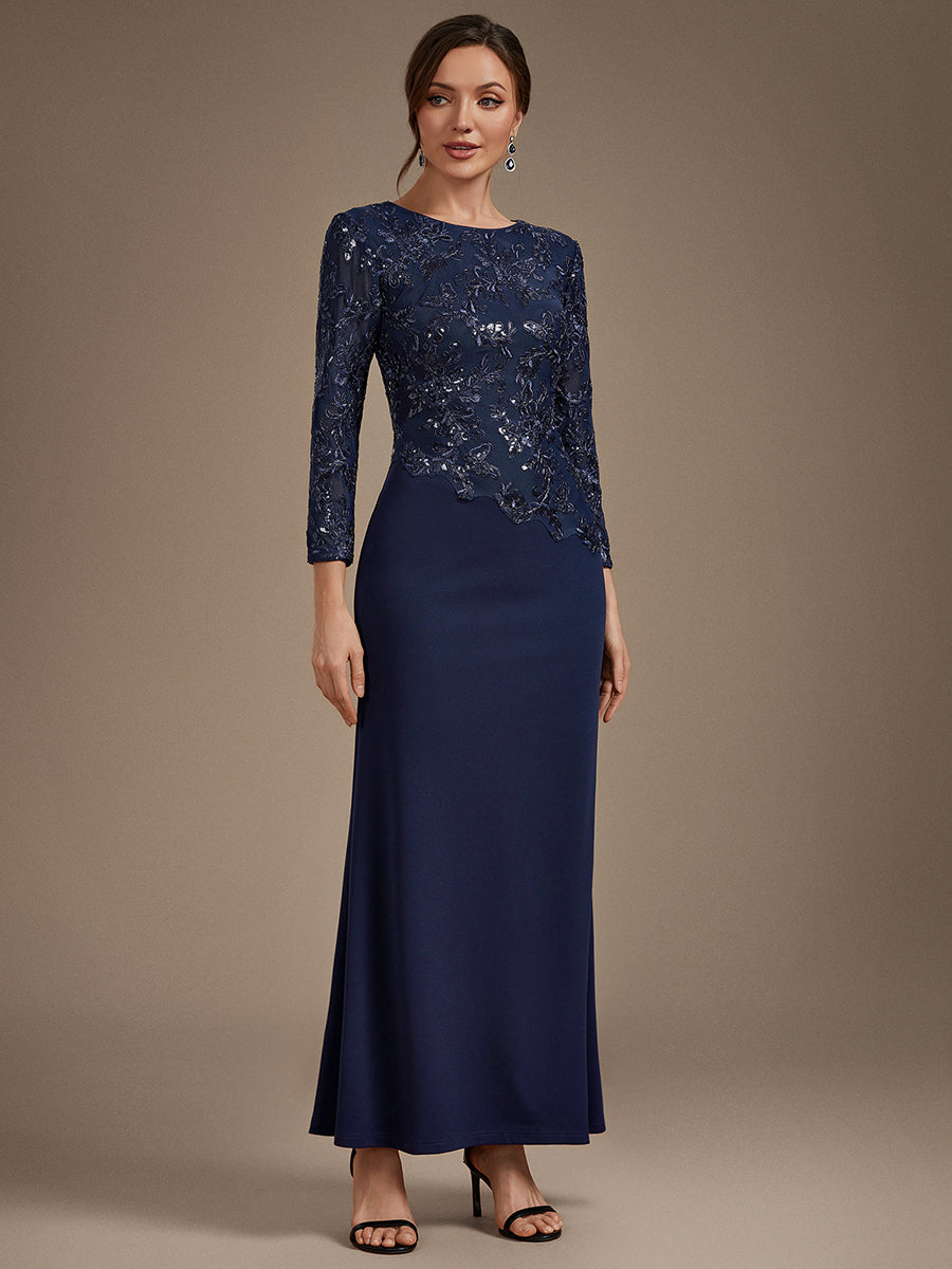 Sequin Fitted Sleeve Mother of the Bride Dress #color_Navy Blue