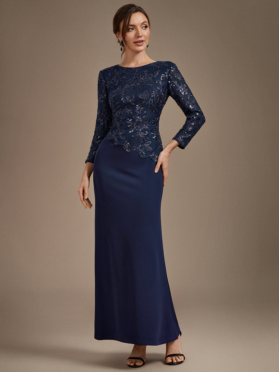 Sequin Fitted Sleeve Mother of the Bride Dress #color_Navy Blue
