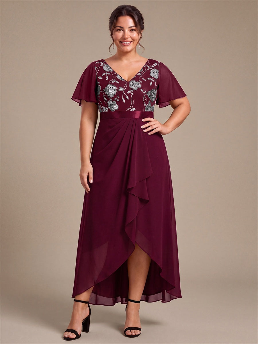 Sequin Chiffon Ruffle Sleeve Mother of the Bride Dress #color_Burgundy
