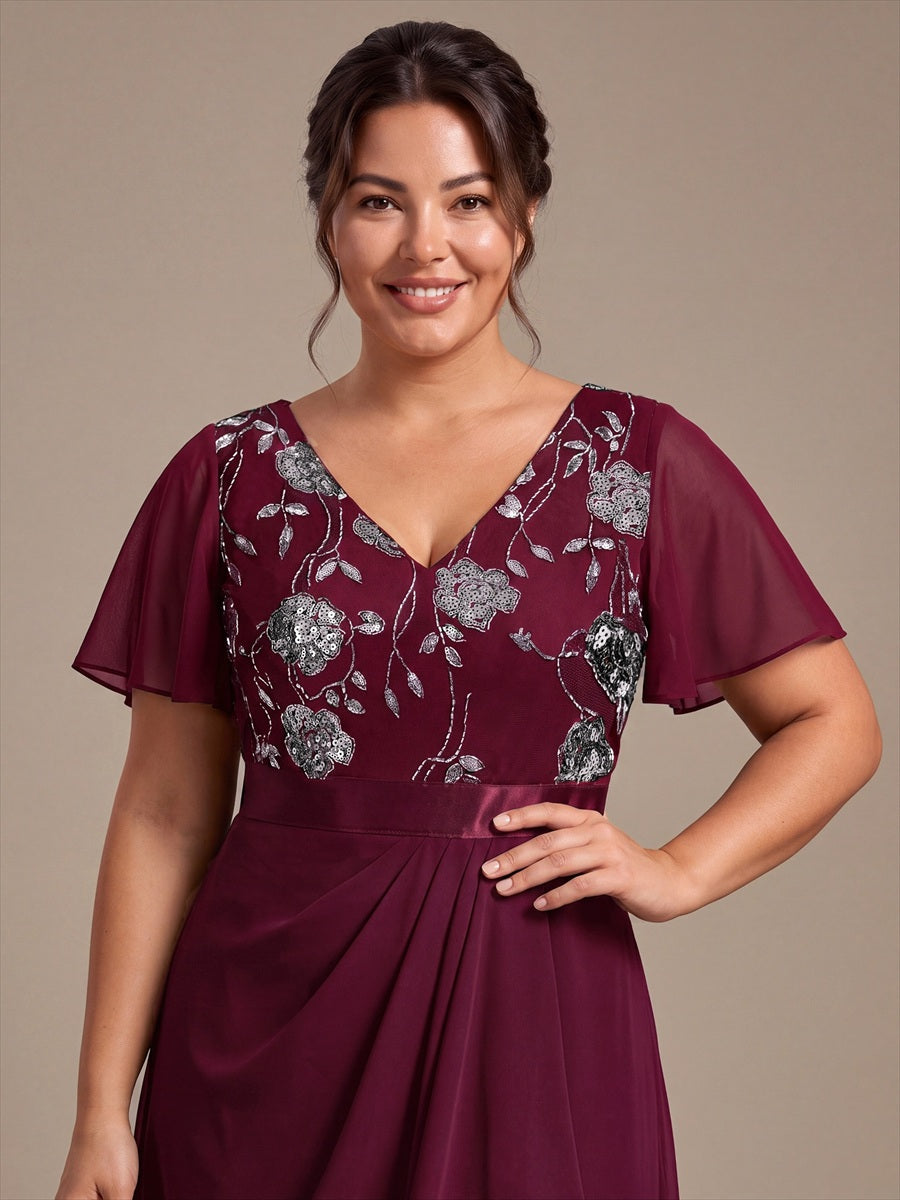 Plus Size Sequin Chiffon Mother of the Bride Dress #color_Burgundy