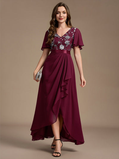 Sequin Chiffon Ruffle Sleeve Mother of the Bride Dress