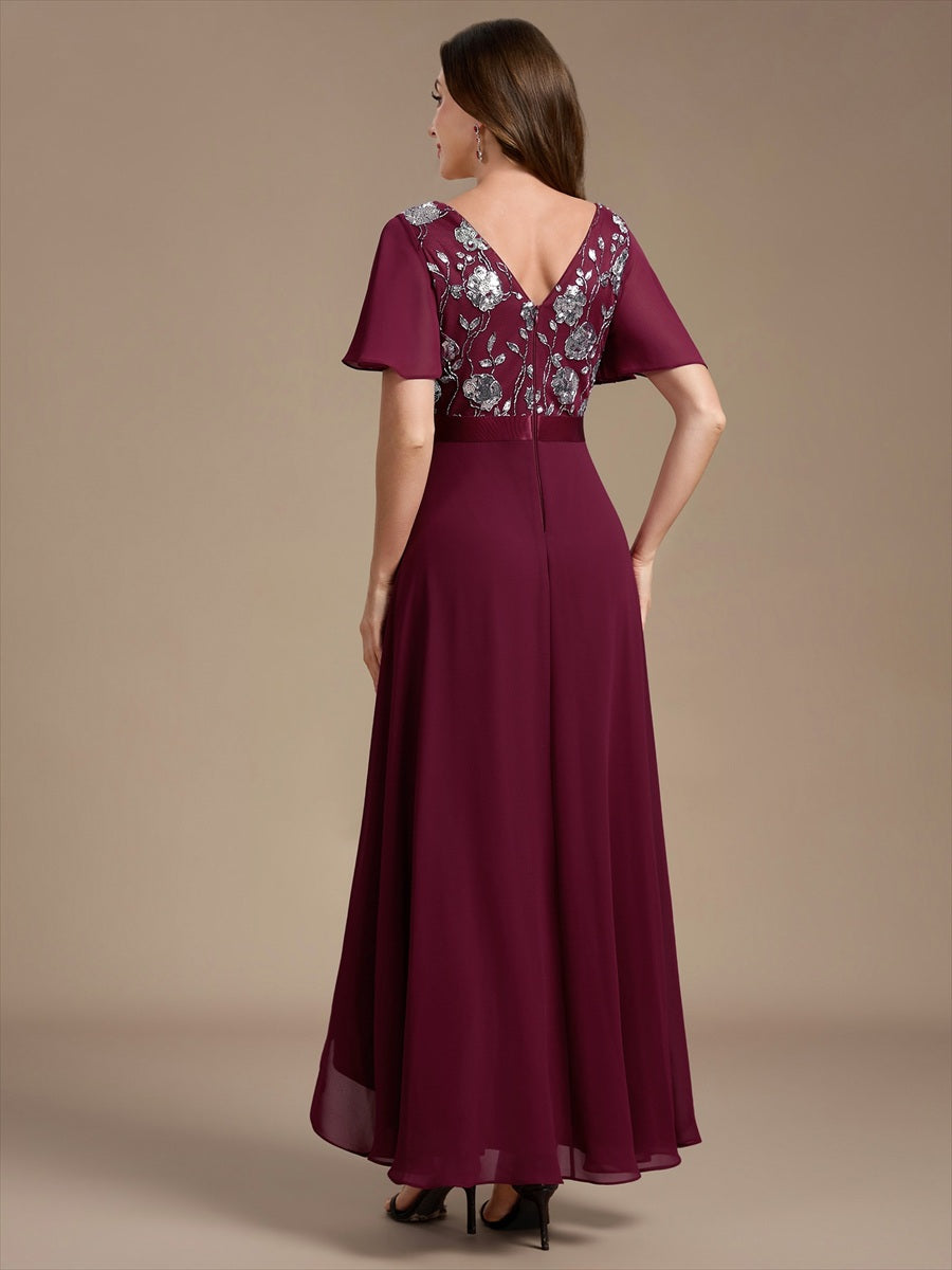Sequin Chiffon Ruffle Sleeve Mother of the Bride Dress #color_Burgundy