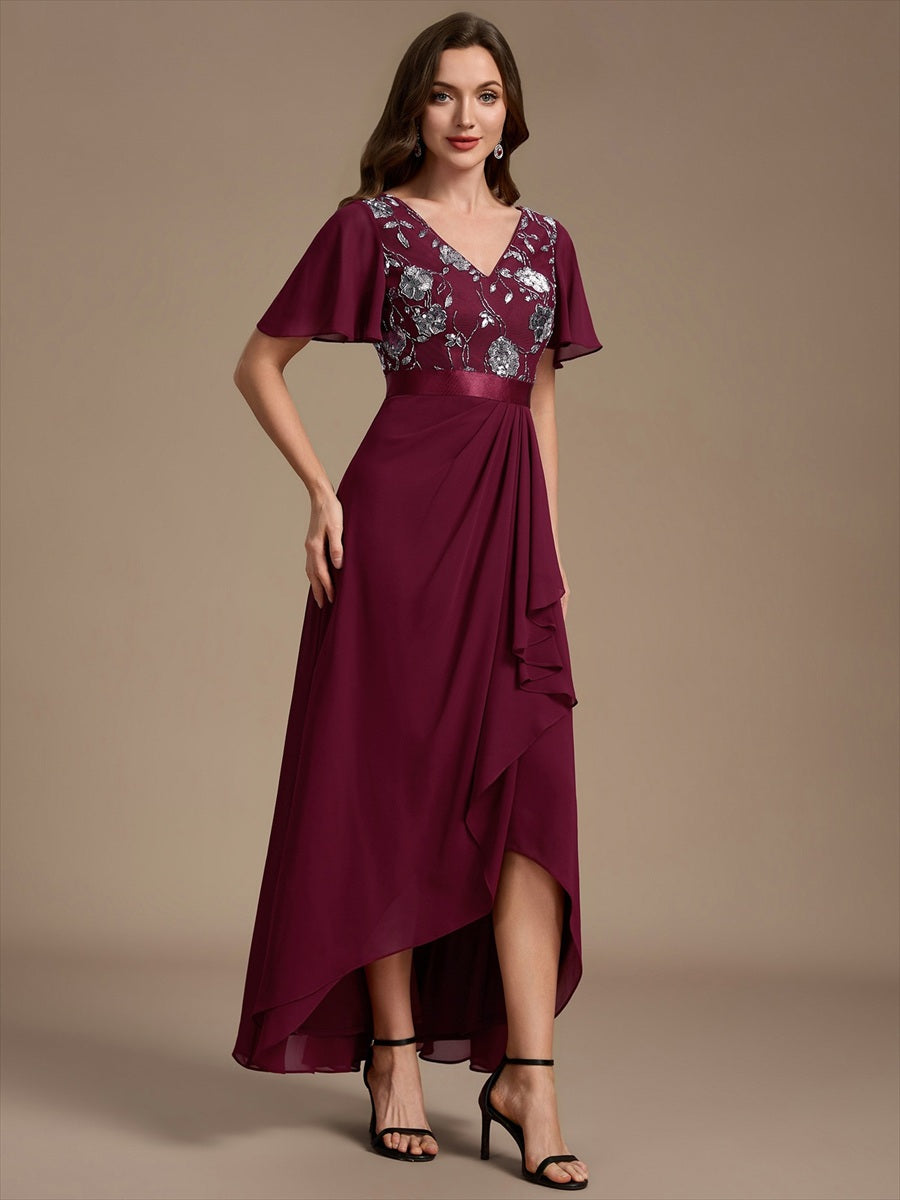 Sequin Chiffon Ruffle Sleeve Mother of the Bride Dress #color_Burgundy