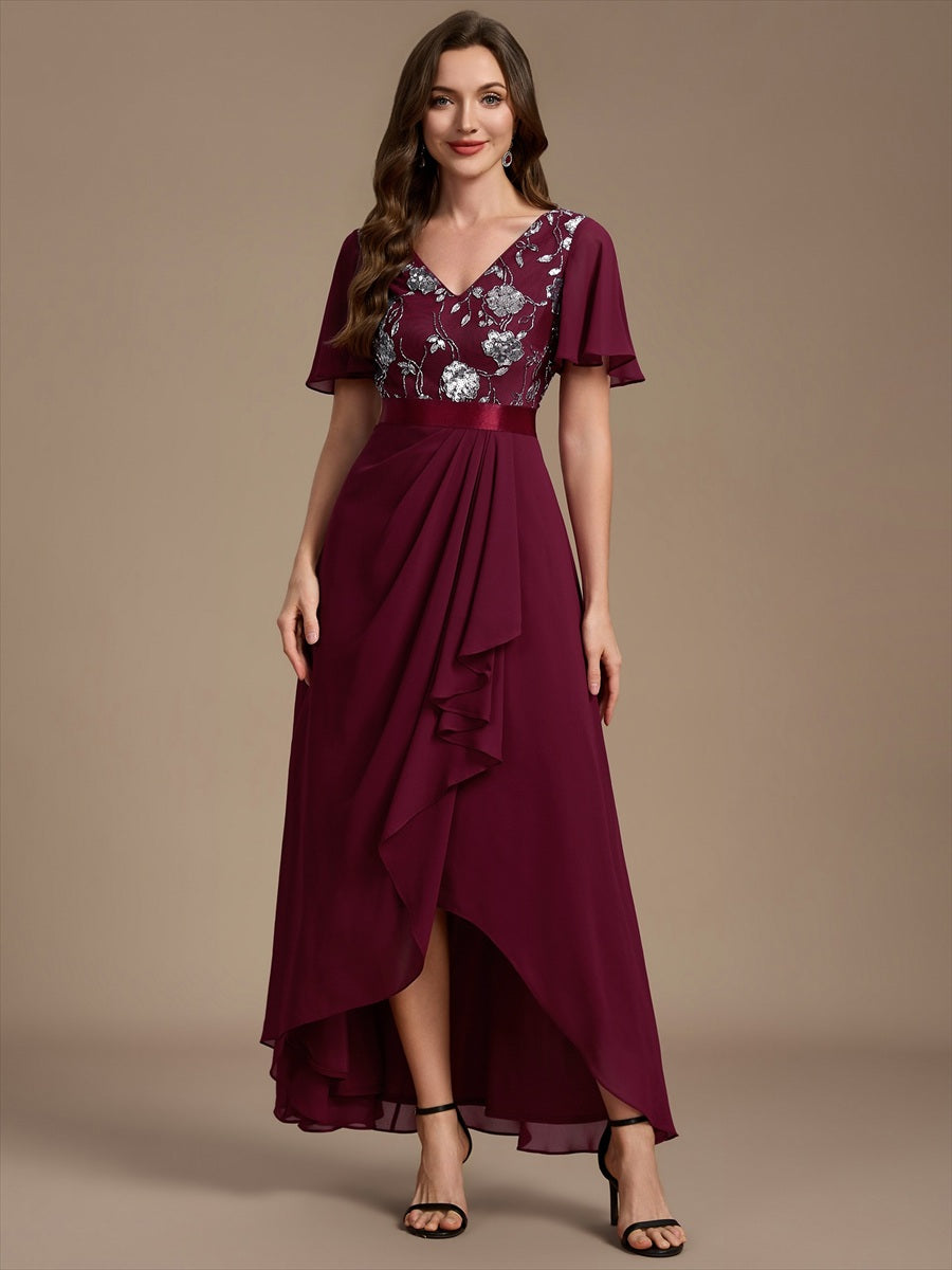 Sequin Chiffon Ruffle Sleeve Mother of the Bride Dress #color_Burgundy
