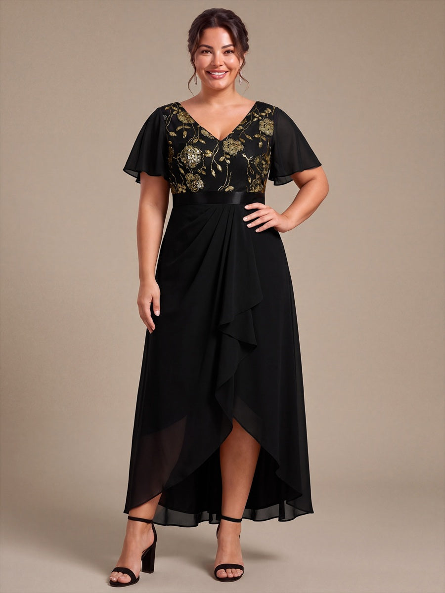 Sequin Chiffon Ruffle Sleeve Mother of the Bride Dress #color_Black & Gold