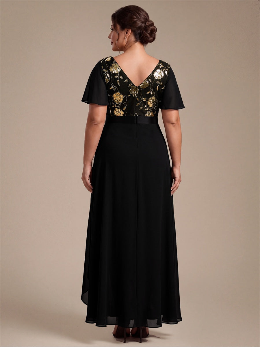 Sequin Chiffon Ruffle Sleeve Mother of the Bride Dress #color_Black & Gold