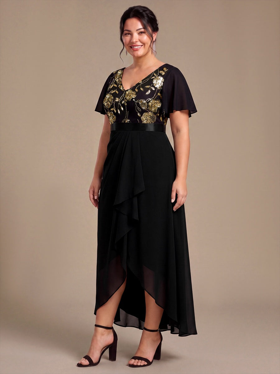 Sequin Chiffon Ruffle Sleeve Mother of the Bride Dress #color_Black & Gold