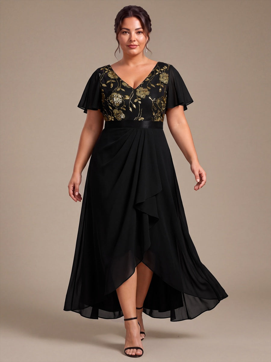 Plus Size Sequin Chiffon Mother of the Bride Dress #color_Black & Gold