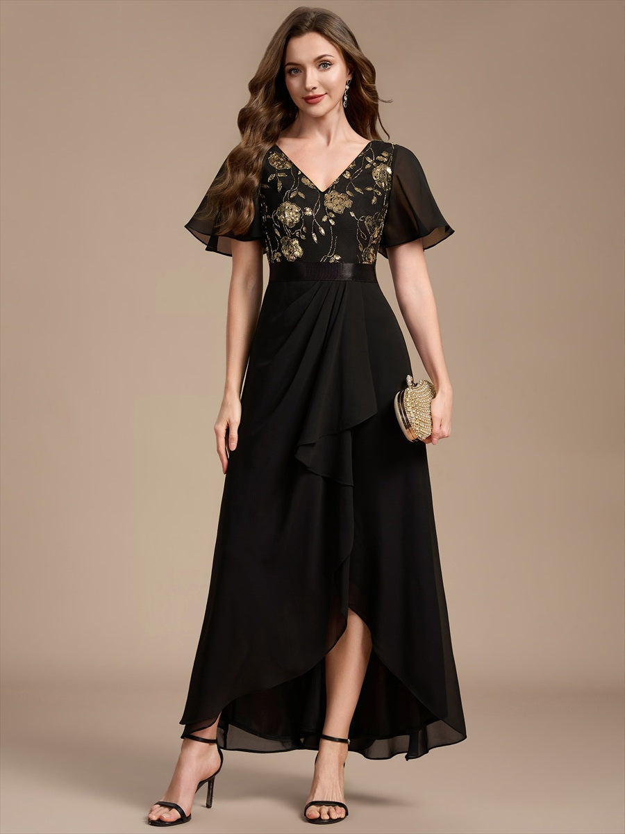 Sequin Chiffon Ruffle Sleeve Mother of the Bride Dress #color_Black & Gold