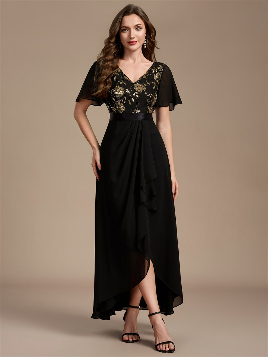 Sequin Chiffon Ruffle Sleeve Mother of the Bride Dress #color_Black & Gold