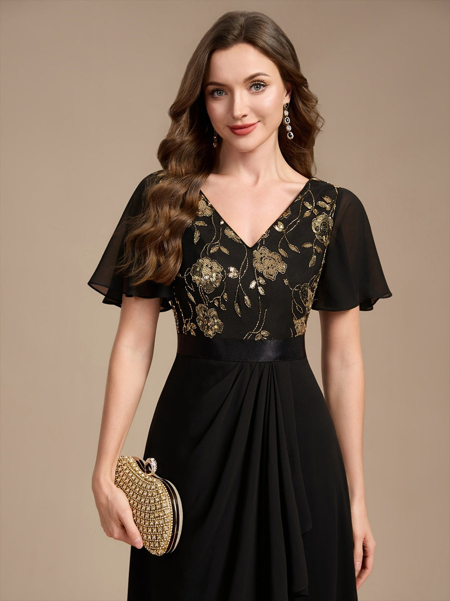 Sequin Chiffon Ruffle Sleeve Mother of the Bride Dress #color_Black & Gold