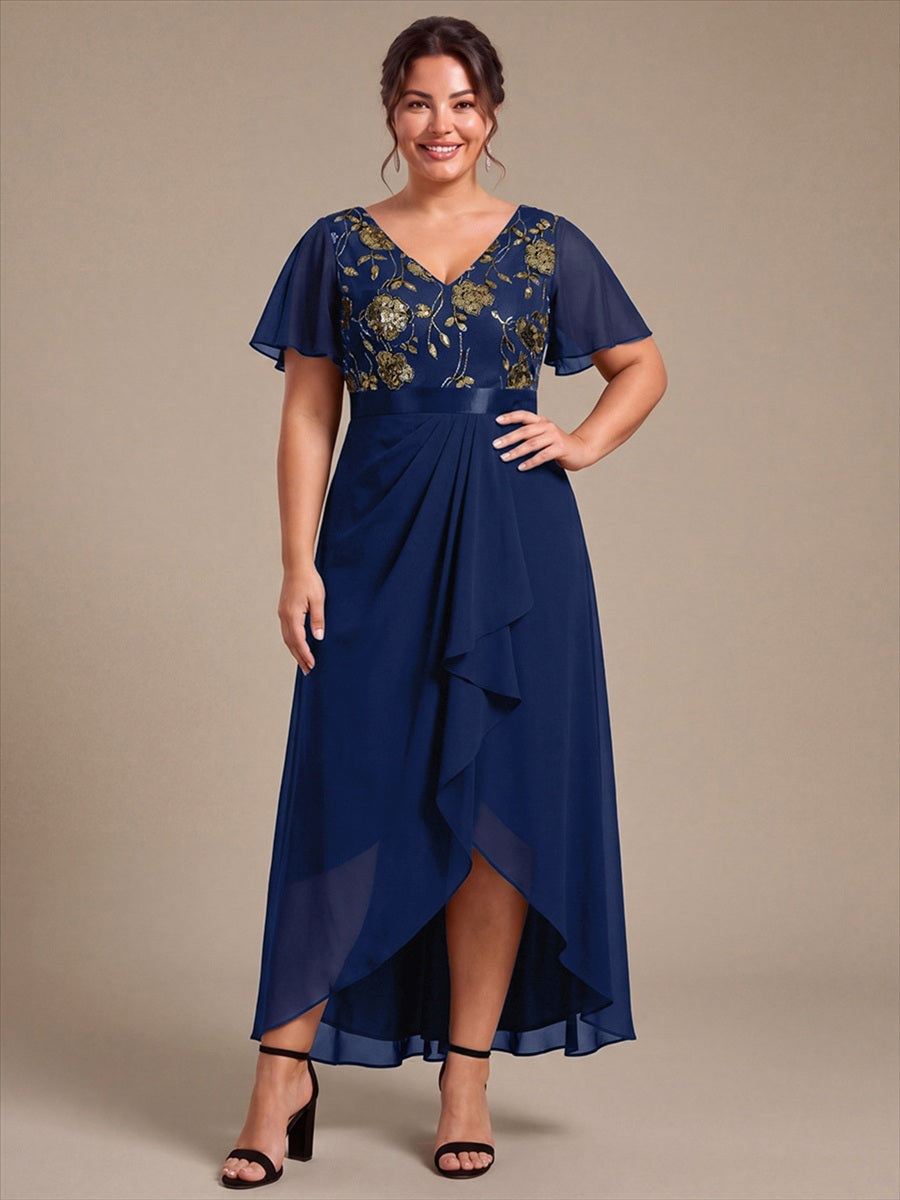 Sequin Chiffon Ruffle Sleeve Mother of the Bride Dress #color_Navy Blue