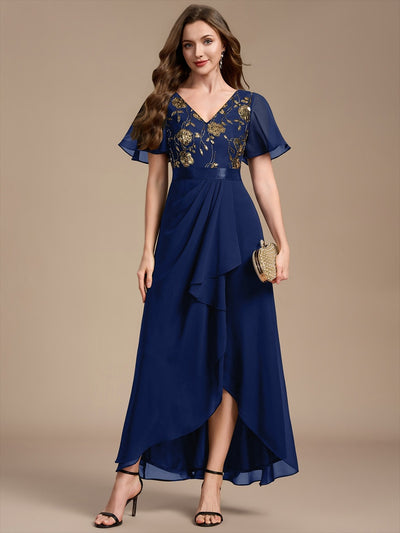 Sequin Chiffon Ruffle Sleeve Mother of the Bride Dress