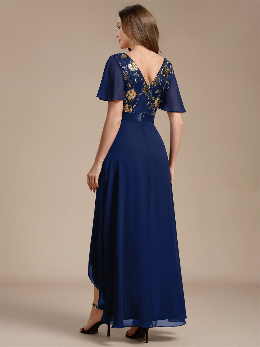 Sequin Chiffon Ruffle Sleeve Mother of the Bride Dress #color_Navy Blue