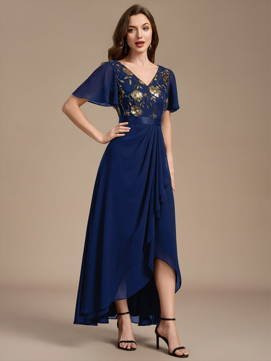 Sequin Chiffon Ruffle Sleeve Mother of the Bride Dress #color_Navy Blue