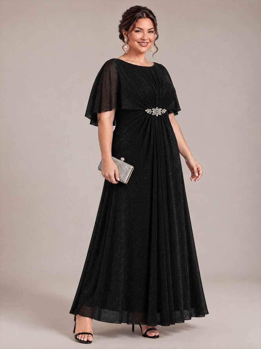 Plus Size Lurex Mesh Shawl Sleeve Mother of the Bride Dress #color_Black