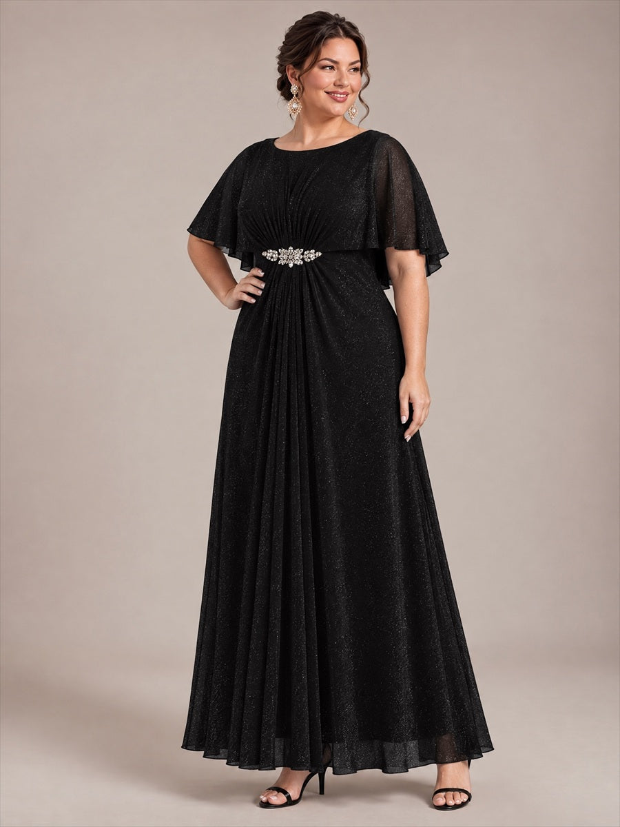 Lurex Mesh Cape Sleeve A-Line Mother of the Bride Dress #color_Black