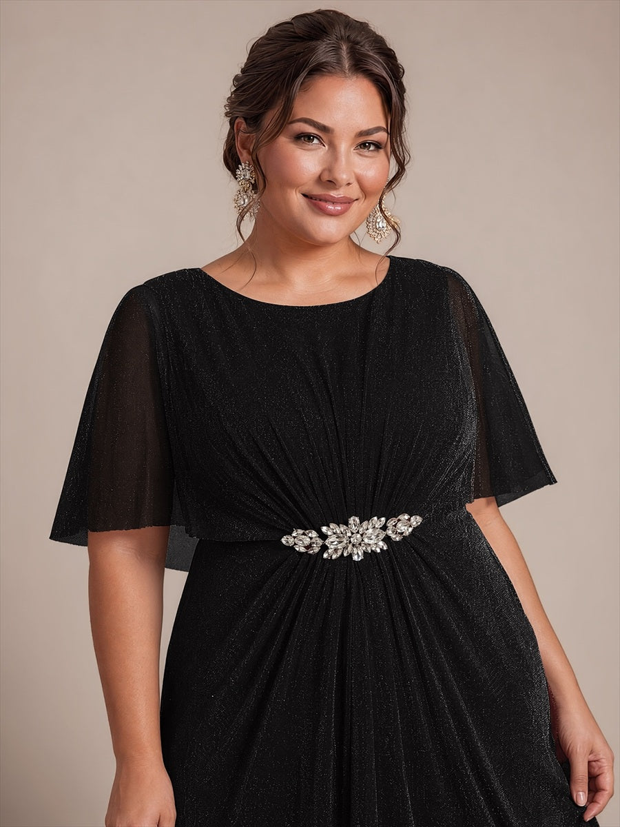 Plus Size Lurex Mesh Shawl Sleeve Mother of the Bride Dress #color_Black