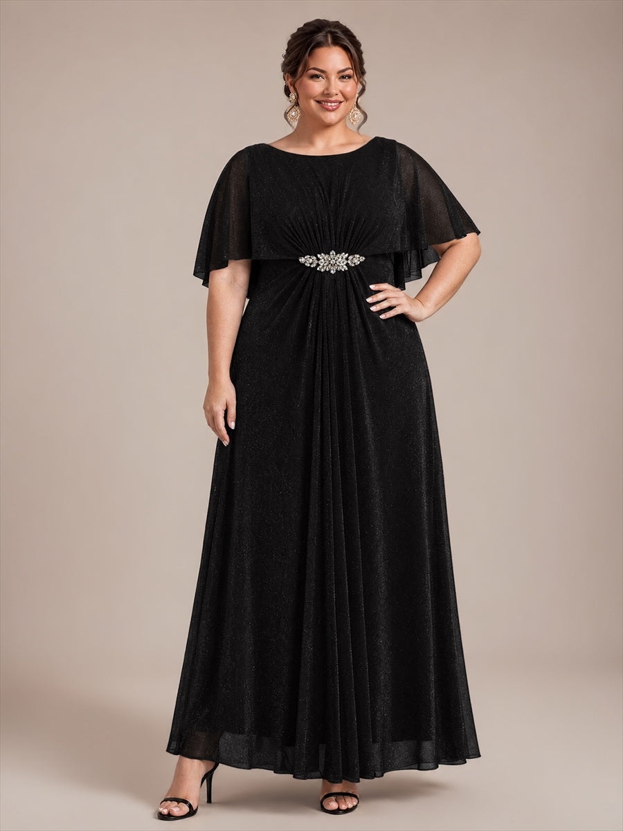 Plus Size Lurex Mesh Shawl Sleeve Mother of the Bride Dress #color_Black