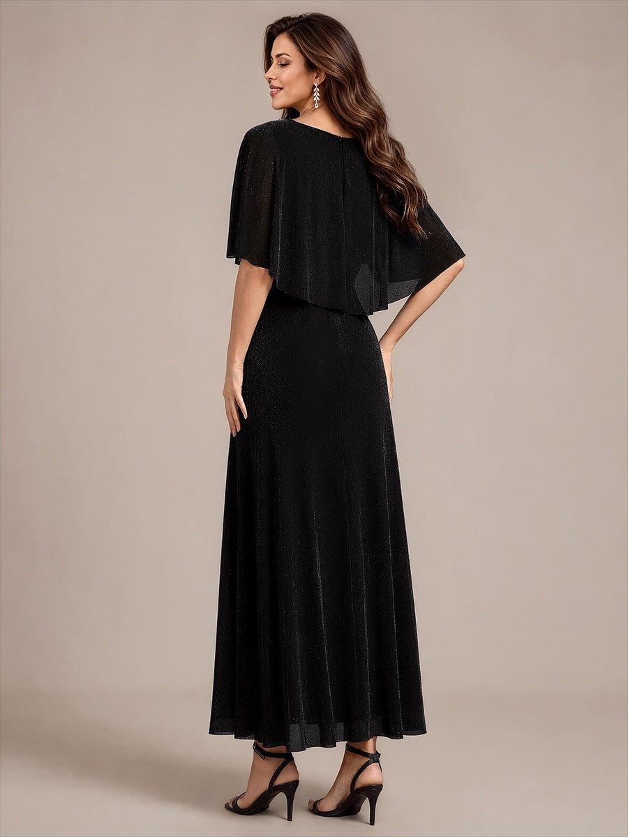 Lurex Mesh Cape Sleeve A-Line Mother of the Bride Dress #color_Black