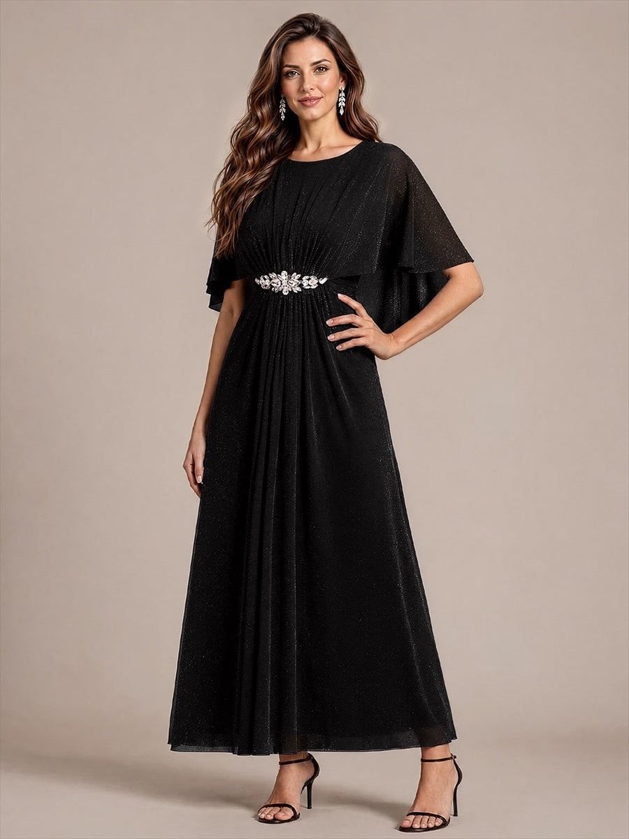 Lurex Mesh Cape Sleeve A-Line Mother of the Bride Dress #color_Black