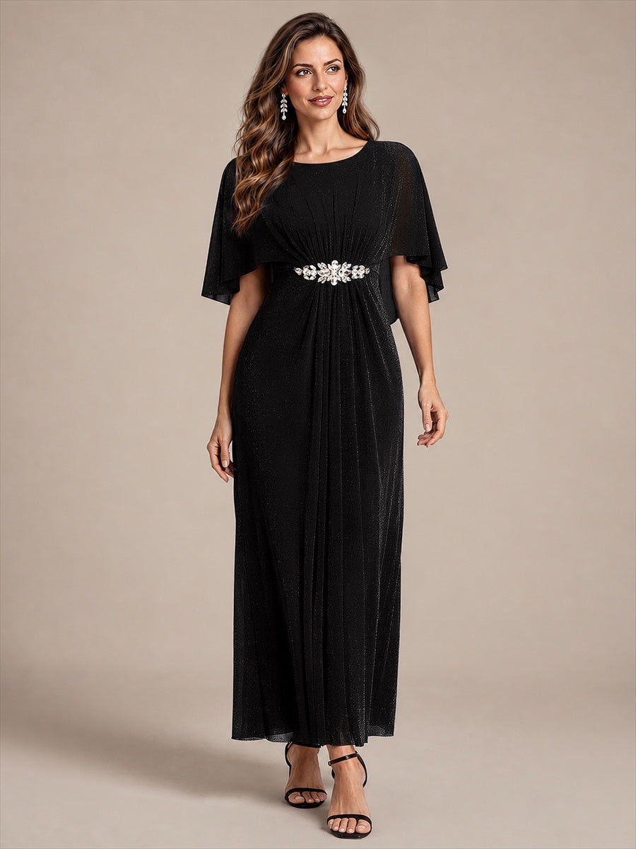 Lurex Mesh Cape Sleeve A-Line Mother of the Bride Dress #color_Black