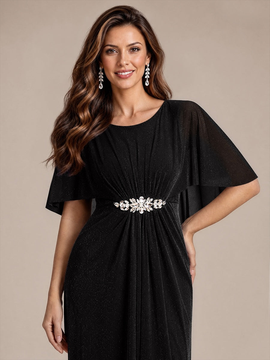 Lurex Mesh Cape Sleeve A-Line Mother of the Bride Dress #color_Black